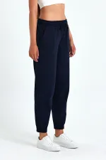 Lacivert Pamuklu Paçası Lastikli Rahat Kalın Jogger Cepli Kadın Eşofman Altı