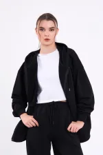 Black Kangaroo Pocket Hooded Zippered Oversize Women's Sweatshirt MTLCB73