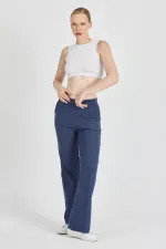 Pantalon de survêtement indigo côtelé à jambes larges et taille haute avec poches pour femme