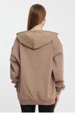 Kadın Kanguru Cepli Kapüşonlu Fermuarlı İçi Polarlı Hırka