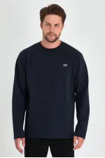 Men's Navy Blue Double Crew Neck Sweatshirt with Print Detail, Standard Relaxed Fit
