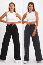 Black-Anthracite Women's Seasonal Casual Wide Leg Side Pocket 2-Pack Sweatpants