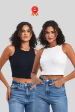 Kadın Siyah-Beyaz Fitilli Görünümlü Askılı Kalın Esnek Örme 2'li Basic Crop Atlet