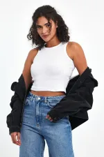 Kadın Siyah-Beyaz Fitilli Görünümlü Askılı Kalın Esnek Örme 2'li Basic Crop Atlet