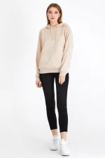 Metallic Women's Beige Hooded Basic Knitted Sweatshirt