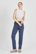 Pantalon de survêtement femme en coton côtelé indigo, jambes larges, coupe slim, taille haute