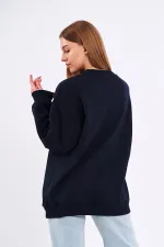 Lacivert Kadın Pamuklu Oversize Basic Bisiklet Yaka Sweatshirt