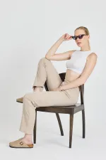 Vizon Fitilli Geniş Paça Pamuklu İnce Yüksek Bel Kadın Eşofman Altı