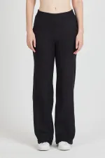 Siyah Fitilli Geniş Paça Kaşkorse Yüksek Bel Cepli Kadın Eşofman Altı