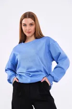 Sweat-shirt basique oversize en coton bleu pour femme, col rond.