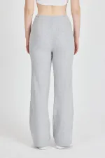 Pantalon de survêtement gris côtelé à jambes larges et taille haute pour femme