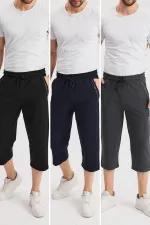 Erkek Yanları Cepli Siyah-Lacivert-Antrasit Bermuda Diz Altı Kapri Beli Ayarlanabilir Lastikli 3'lü Uzun Şort