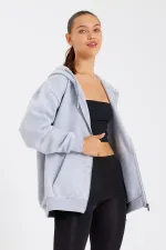 Kadın Kanguru Cepli Kapüşonlu Fermuarlı İçi Polarlı Hırka