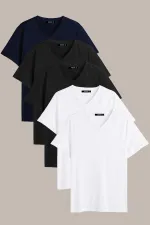 Erkek Çok Renkli T- Shirt Regular Fit Rahat Kesim V Yaka 5'li Basic Tişört Paketi