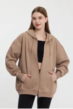 Kadın Kanguru Cepli Kapüşonlu Fermuarlı İçi Polarlı Hırka