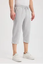 Erkek Yanları Cepli Gri Bermuda Diz Altı Kapri Beli Ayarlanabilir Lastikli Uzun Şort MTLCE108