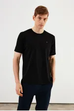 Erkek Bisiklet Yaka T-shirt %100 Pamuk Nakış Detaylı Basic Siyah Tişört MTLCE89