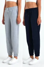 Kadın Siyah-Antrasit Pamuklu Kalın Paçası Lastikli Yüksek Bel Rahat Jogger 2'li Eşofman Altı MTLCB95-2