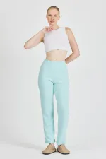 Aqua Green Ribbed Wide Leg Cotton Slim High Waist Women's Sweatpants