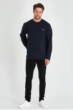 Men's Navy Blue Double Crew Neck Sweatshirt with Print Detail, Standard Relaxed Fit