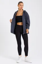 Kadın Kanguru Cepli Kapüşonlu Fermuarlı İçi Polarlı Hırka