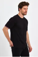 Erkek Siyah Basic Kolları Şeritli %100 Pamuk Bisiklet Yaka Regular Fit T-shirt