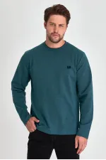 Men's Petroleum Double Crew Neck Print Detail Standard Relaxed Fit Sweatshirt