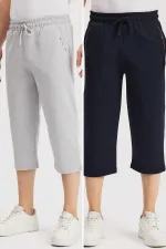 Erkek Yanları Cepli Siyah-Antrasit Bermuda Diz Altı Kapri Beli Ayarlanabilir Lastikli 2'li Uzun Şort