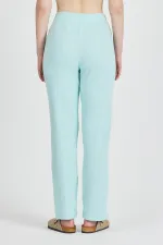 Aqua Green Ribbed Wide Leg Cotton Slim High Waist Women's Sweatpants