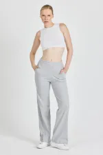 Pantalon de survêtement gris côtelé à jambes larges et taille haute avec poches pour femme