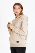 Metallic Women's Beige Hooded Basic Knitted Sweatshirt
