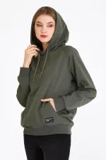 Women's Khaki Color Hooded Basic Knitted Sweatshirt