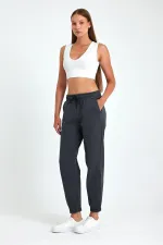 Kadın Siyah-Antrasit Pamuklu Kalın Paçası Lastikli Yüksek Bel Rahat Jogger 2'li Eşofman Altı MTLCB95-2