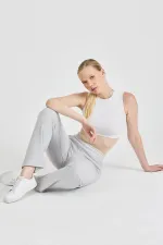 Pantalon de survêtement gris côtelé à jambes larges et taille haute pour femme