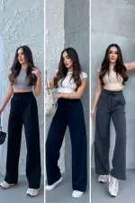 Lot de 3 pantalons de survêtement décontractés de saison pour femmes, à jambes larges et taille haute, coloris noir, bleu marine et anthracite