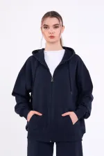Ensemble de survêtement oversize bleu marine pour femme, coupe classique, taille élastique, capuche (haut et bas).