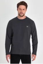Sweat-shirt homme anthracite à col rond double et imprimé, coupe décontractée standard