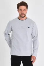 Men's Grey Double Crew Neck Sweatshirt with Print Detail, Standard Relaxed Fit