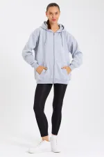 Kadın Kanguru Cepli Kapüşonlu Fermuarlı İçi Polarlı Hırka