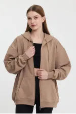 Kadın Kanguru Cepli Kapüşonlu Fermuarlı İçi Polarlı Hırka