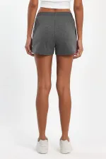 Kadın Yırtmaçlı Mevsimlik Premium Kumaş Regular Fit İpli Siyah-Gri Kısa Mini Şort