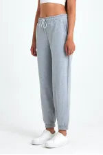 Kadın Gri Pamuklu Kalın Paçası Lastikli Yüksek Bel Rahat Jogger Eşofman Altı