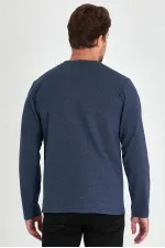 Erkek İndigo Çift Bisiklet Yaka Baskı Detaylı Standart Rahat Kesim Sweatshirt
