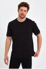 Erkek Siyah Basic Kolları Şeritli %100 Pamuk Bisiklet Yaka Regular Fit T-shirt