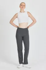 Füme Fitilli Geniş Paça Pamuklu İnce Yüksek Bel Kadın Eşofman Altı