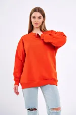 Sweat-shirt basique oversize en coton orange pour femme, col rond.