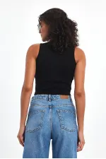 Kadın Siyah Fitilli Görünümlü Askılı Kalın Basic Atlet Bluz