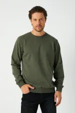 Erkek Basic Bisiklet Yaka Haki Sweatshirt 