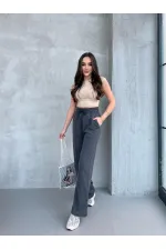 Siyah-Antrasit Kadın Mevsimlik Salaş Geniş Paça Yüksek Bel 2'li Eşofman Altı