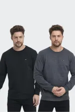 Erkek Siyah-Antrasit Bisiklet Yaka Nakış Detaylı Regular Fit 2'Li Sweatshirt MMTLCE70-2